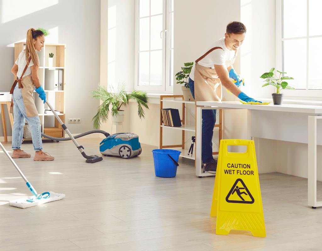 Move-in and move-out cleaning team preparing a home with vacuuming and surface cleaning