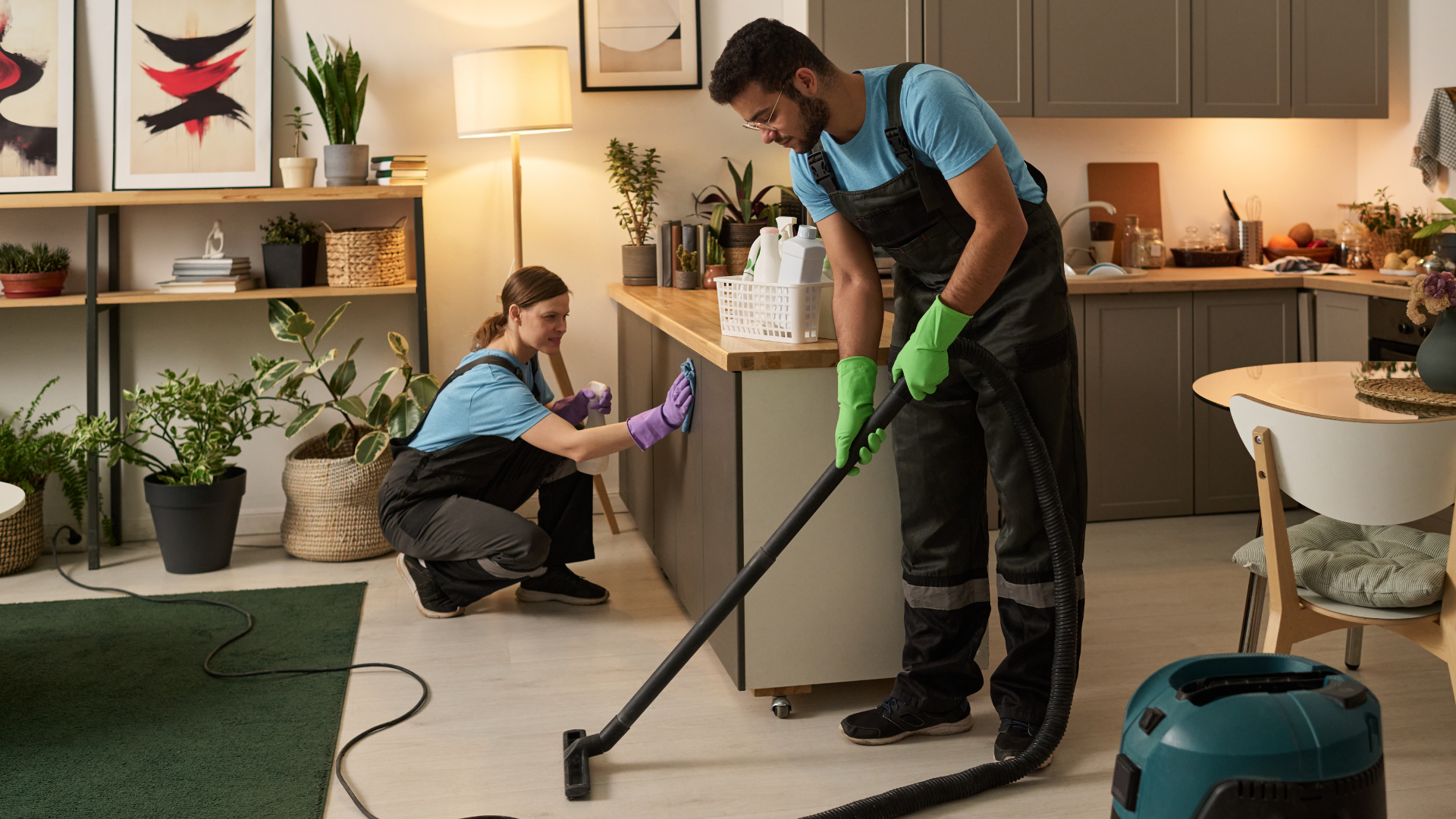 Recurring cleaning and maid service team vacuuming and cleaning a kitchen in New Castle County DE